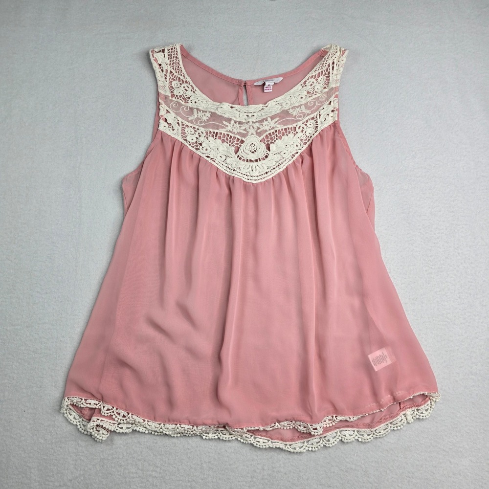 Candies Crochet Lace Trim & yoke Sheer‎ Sleeveless Tank Top Women XL ruffled hem